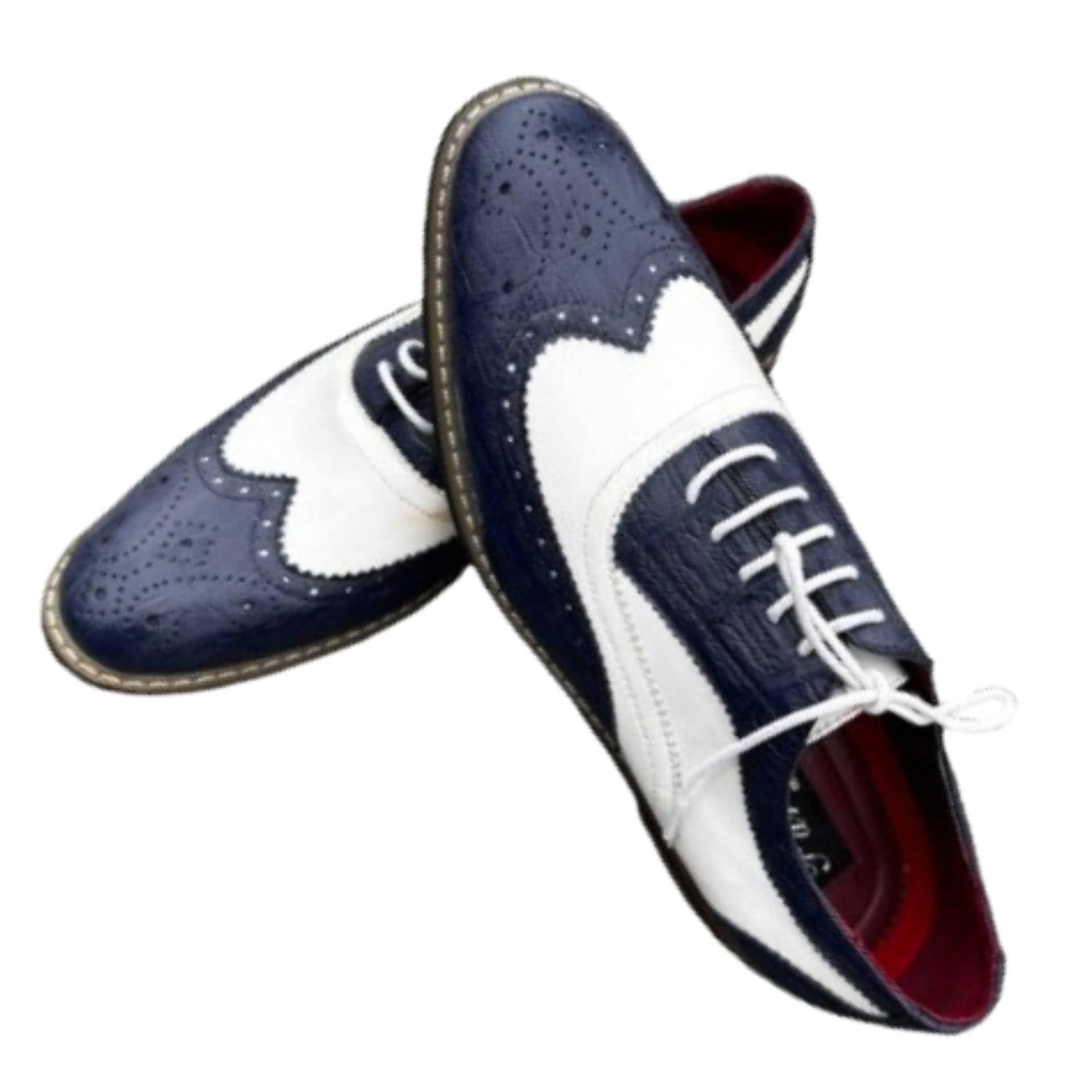 White and Blue Mens Faux Oxford Wingtip Brogue Dress Shoes Perfect with Guayabera Attire Size 9
