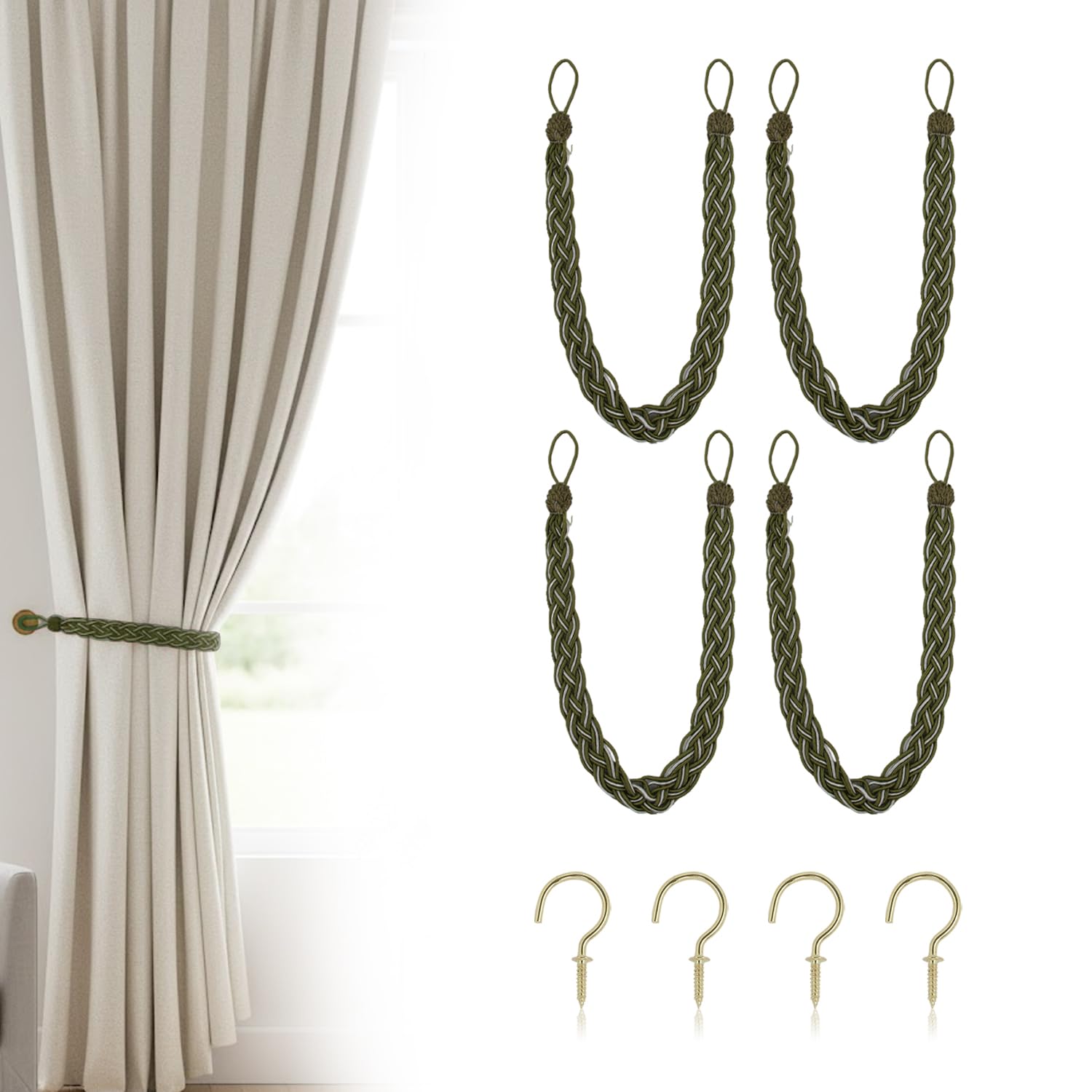 Uxney Green Curtain Tiebacks, 4 Pack Hand Braided Rope Curtain Holdbacks with Metal Hooks – Heavy Duty Sage Green Tie Backs for Drapes, Window Treatment Decorative Holdbacks for Living Room
