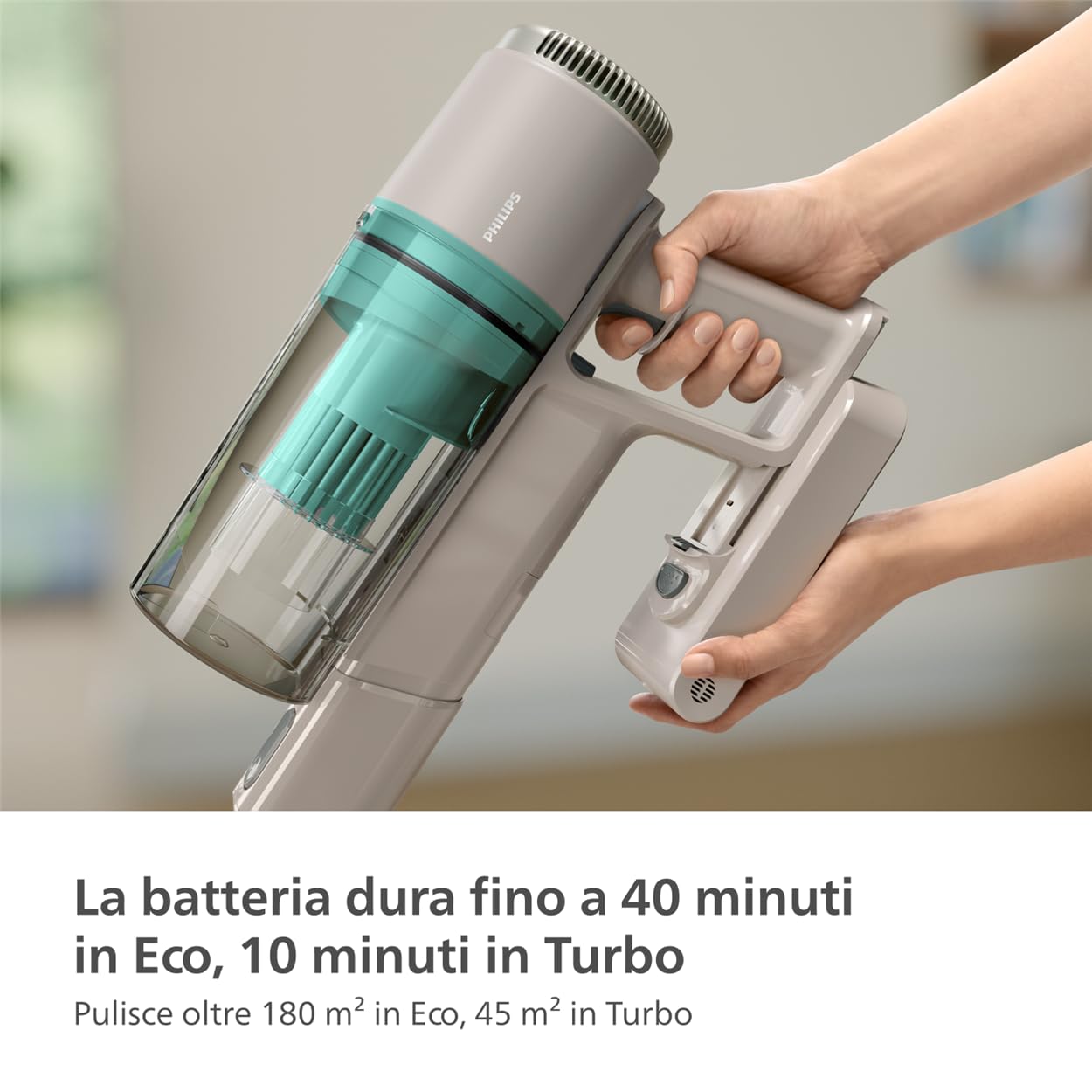 Philips Aspirapolvere cordless Serie 2000, Aspirazione potente su pavimenti duri, 40 minuti di autonomia, Spazzola con luce LED, Leggero, Filtrazione a 3 stadi, Montaggio a parete (XC2012/01)