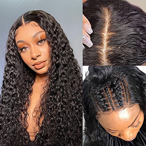 Image of Water Wave Lace Front Wigs Human Hair Brazilian 180% Density Virgin Hair 4X4 Deep Curly Lace Closure Wigs for Black Women Pre Plucked with Baby Hair Natural Color (30 Inch,Water Lace Closure Wigs)