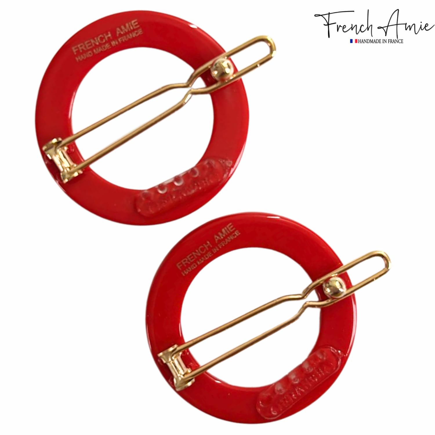 French Amie Mini Circle 1 ¼” Celluloid Acetate Handmade Hair Clips Strong Hold Snap on Side Slide Clip, Made in France - 2 Pieces (Red) - Image 4