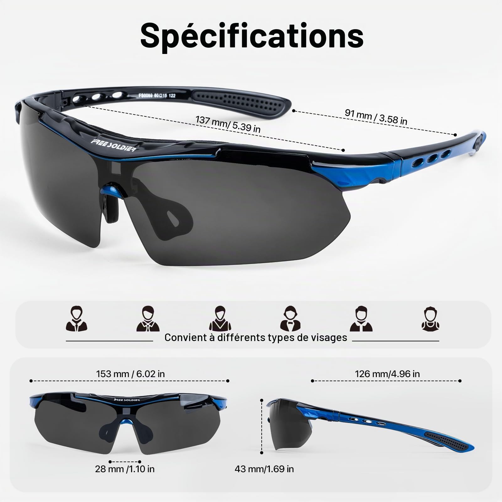 FREE SOLDIER Lunettes Homme de Cyclisme Lunettes anti-UV400 Tactiques Militaires 5 en 1 Lunette Peche pour VTT Airsoft Course à Pied, Conduite, Sports de Plein air