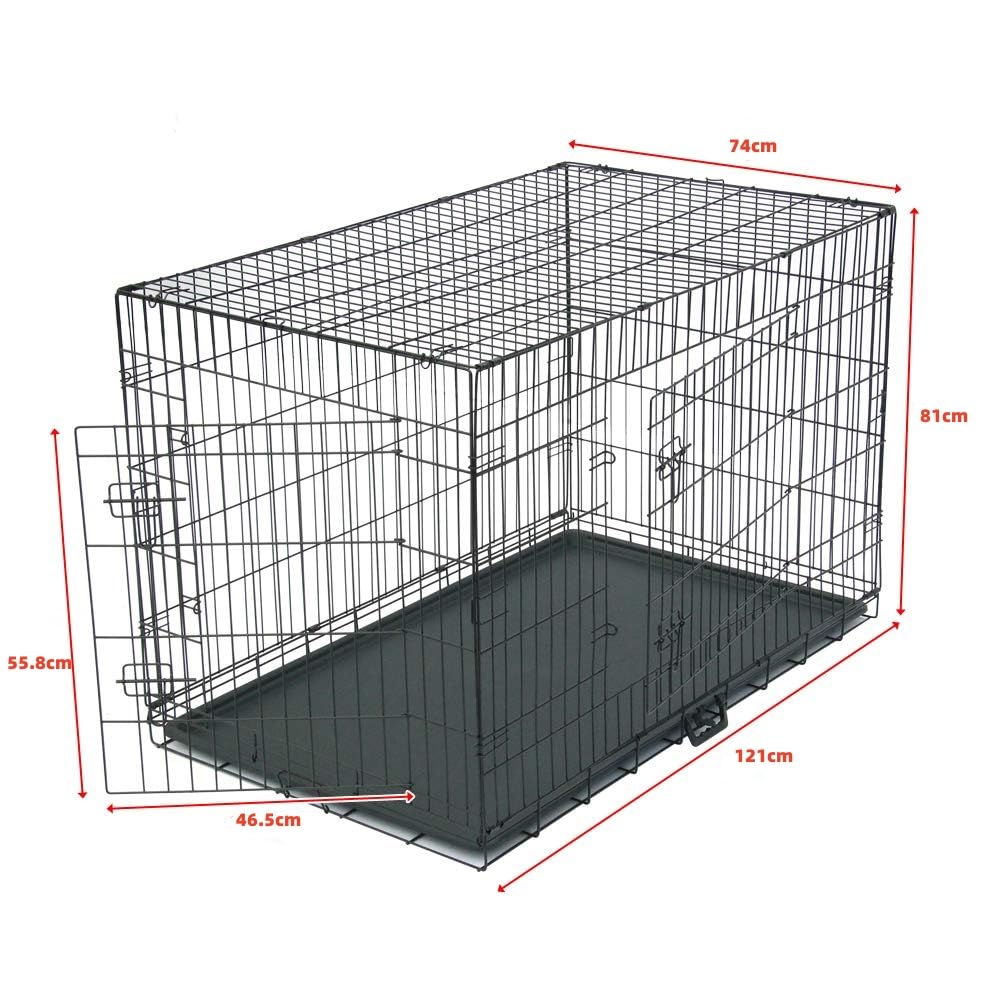 Cage Chien Pliable en Metal avec Cloison, Bac Plastique et 2 Portes, 121 x 74 x 81 cm, Noir