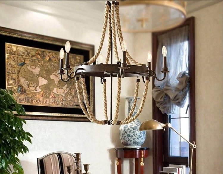 Plafonnier lustre vintage 6 têtes en corde tressée style rétro industriel pour grand salon