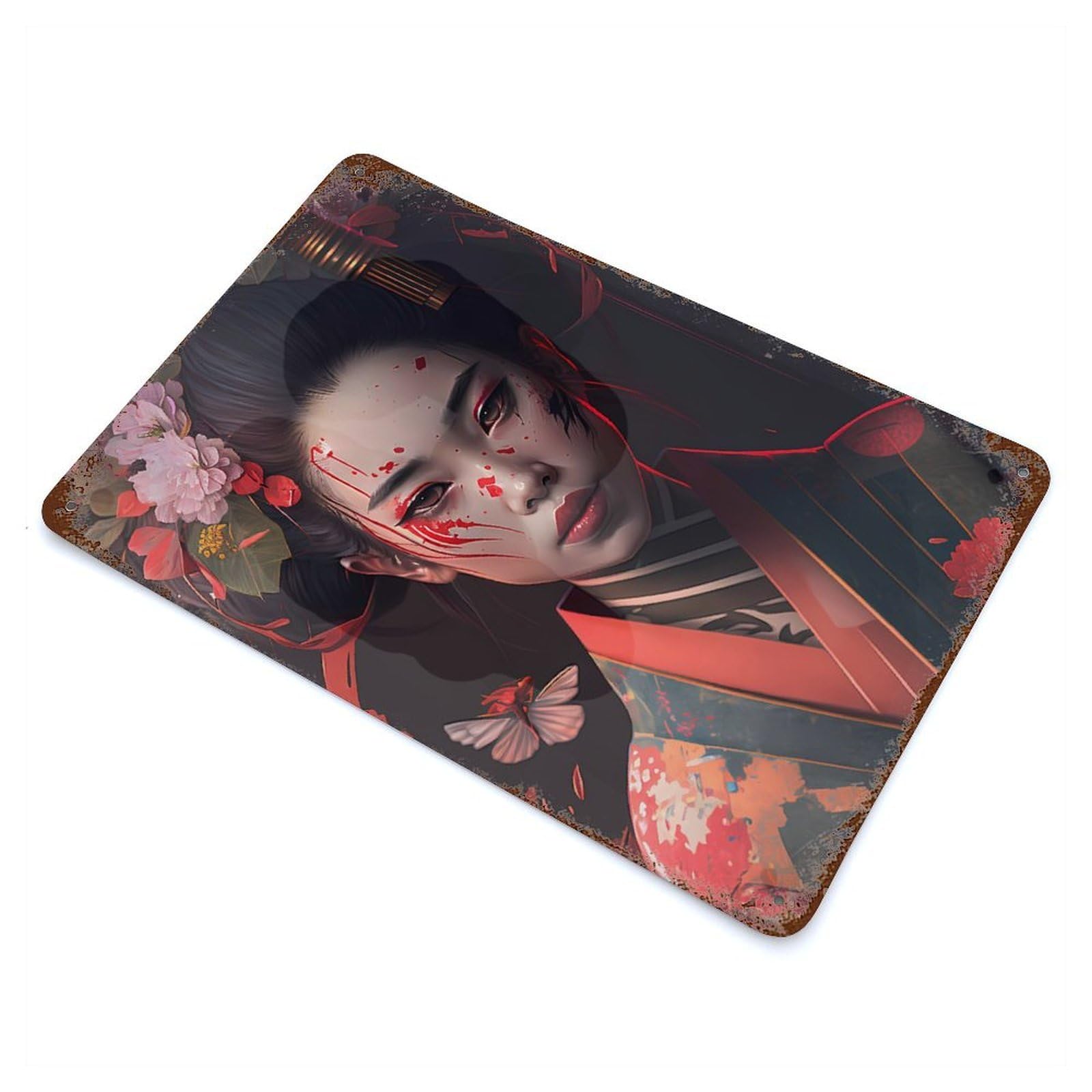 Garage Style Geisha Japan Asian Flower Rustic Tin Plaque 11.8"x7.9", Industrial Home Decor for Bar And Workshop