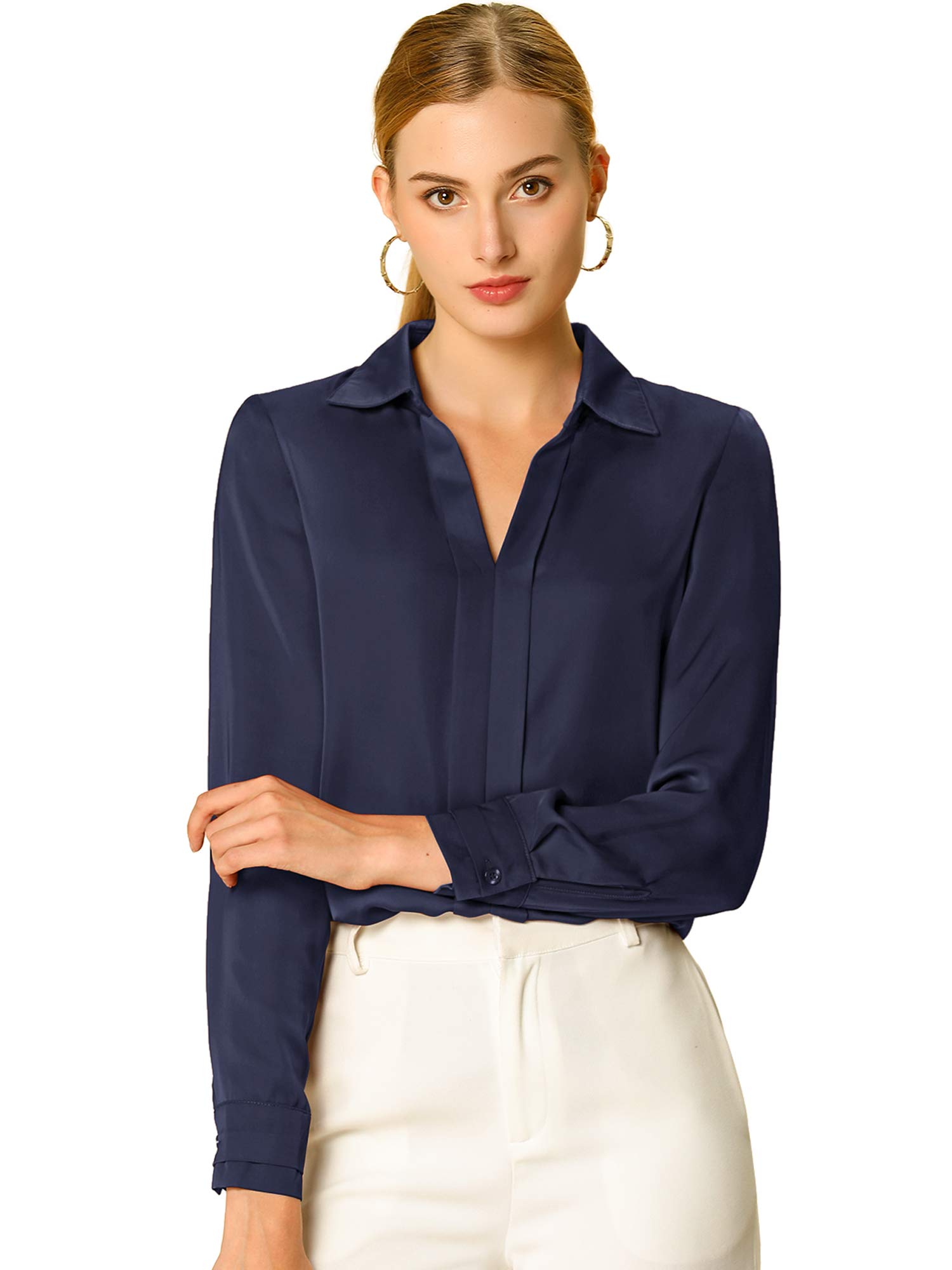 Allegra K Women's Silk Top Elegant V Neck Satin Blouse Long Sleeve Dressy Business Shirt Work Tops 2025, Navy Blue, L