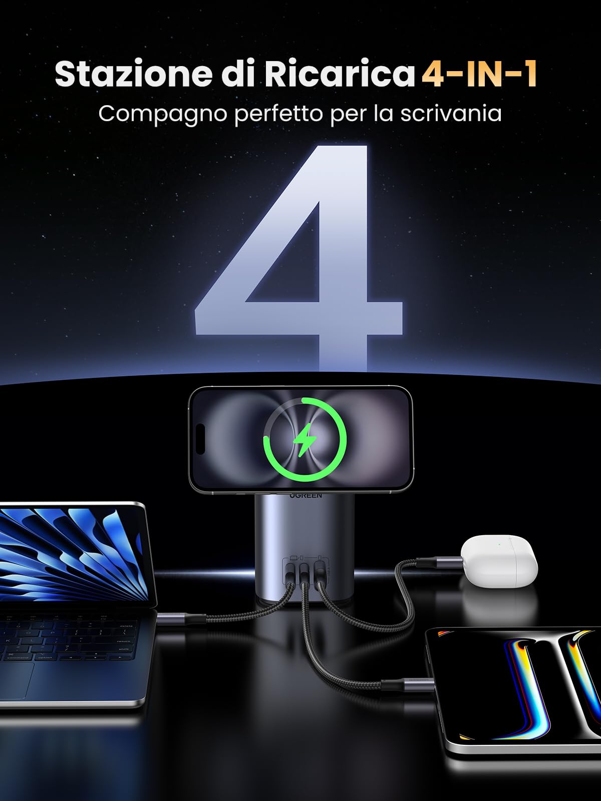 UGREEN Nexode 65W Caricatore USB C GaN Caricabatteria Wireless Qi2 15W Per iPhone Alimentazione da Tavolo Compatibile con MagSafe 17 16 15 14 13 Serie Galaxy S26 iPad MacBook Pro Air