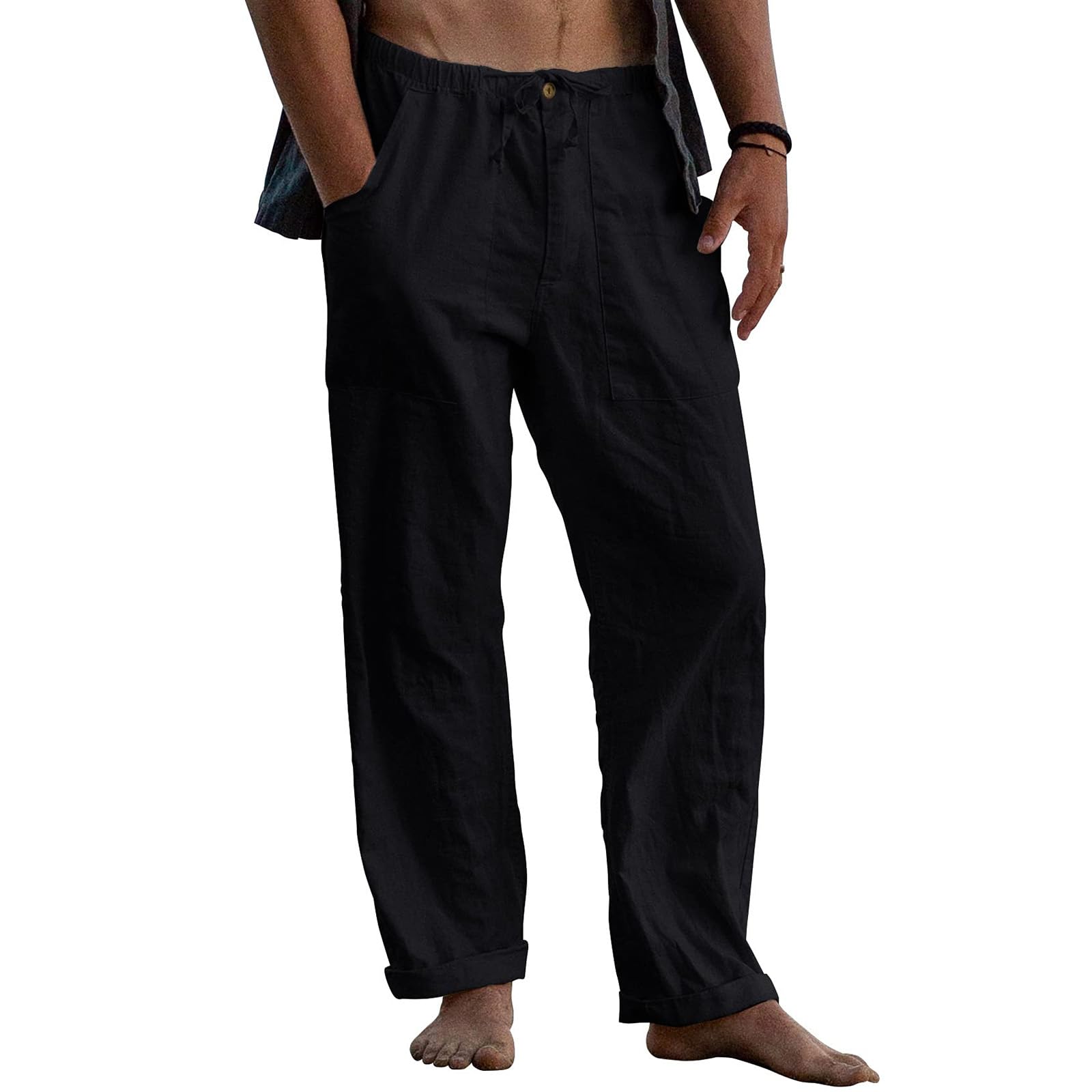 Puimentiua Mens Linen Pants Elastic Waist Drawstring Loose Fit Casual Summer Beach Pants with Pockets Baggy Trousers