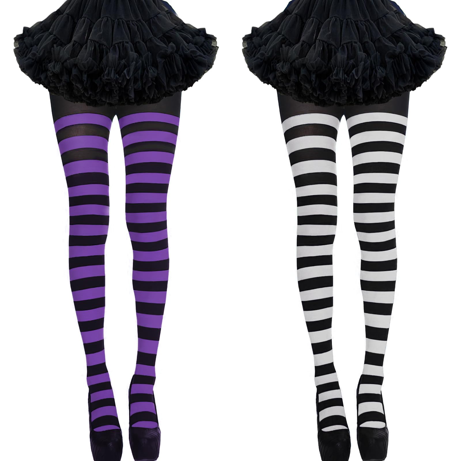 FAMCUCHE 2 works Striped Tights, Black and Purple, Black and White Striped Tights