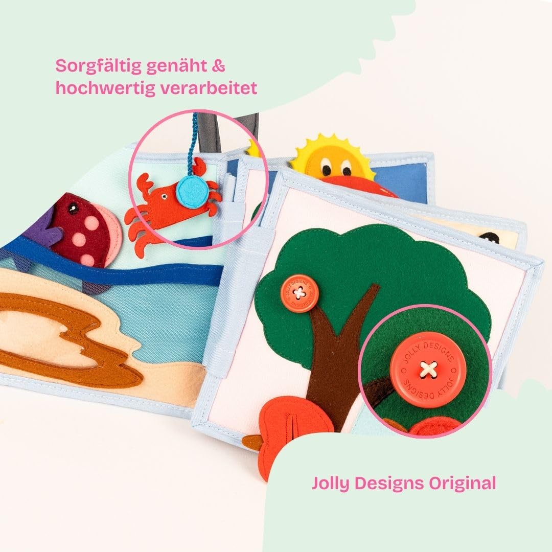 Jolly Designs – Mini Quiet Book Sonnenschein – Montessori Spielzeug ab 18 Monaten – Motorik & Kreativität fördern – Busy Book aus Filz – Handgefertigtes Filzbuch – Perfekt für unterwegs & Reisen