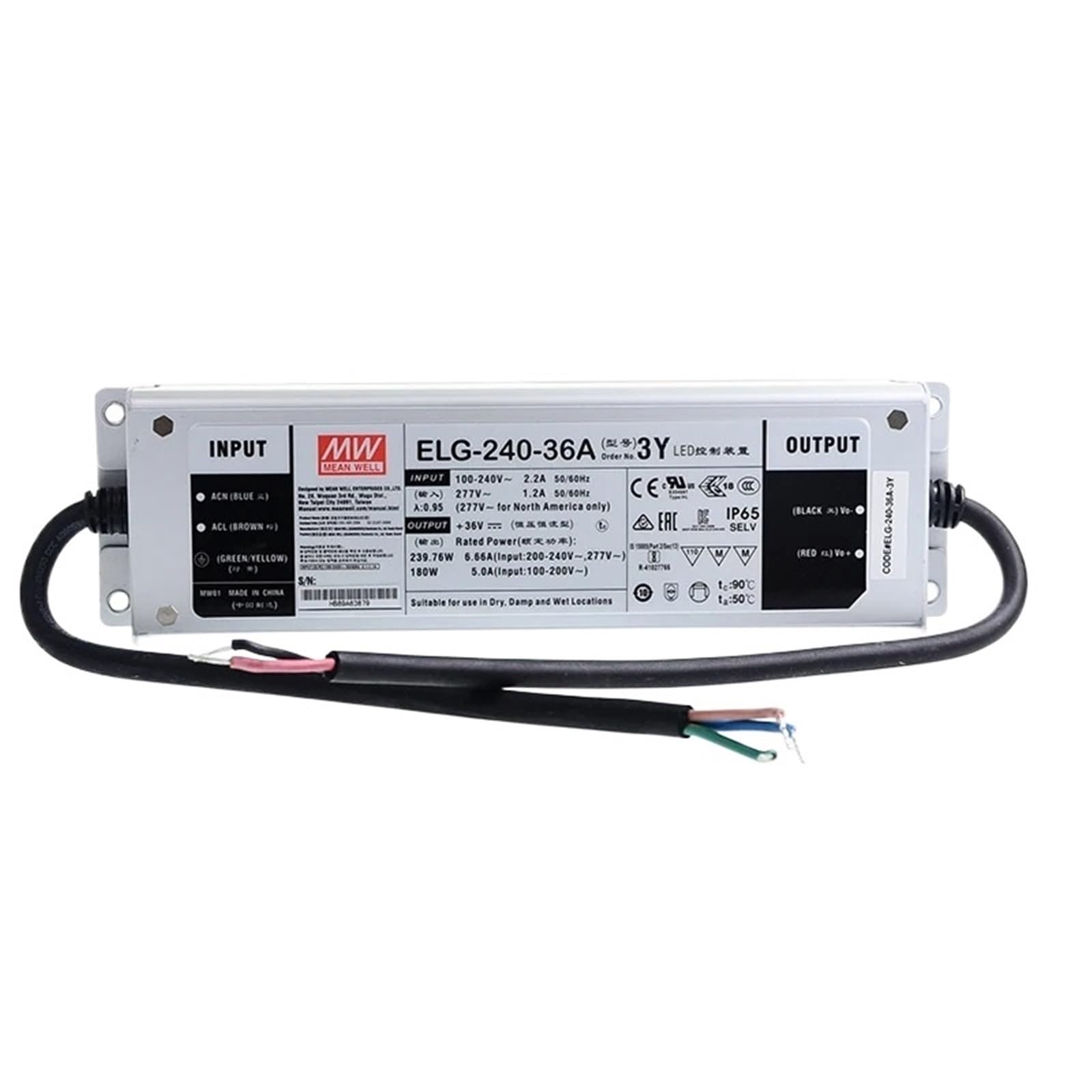 FCARUMIQP ELG-240-36A-3Y 240W 36V LED Power Supply 110V/220VAC to 36VDC 6.66A Waterproof IP65 Meanwell Adjustable Led Driver PFC