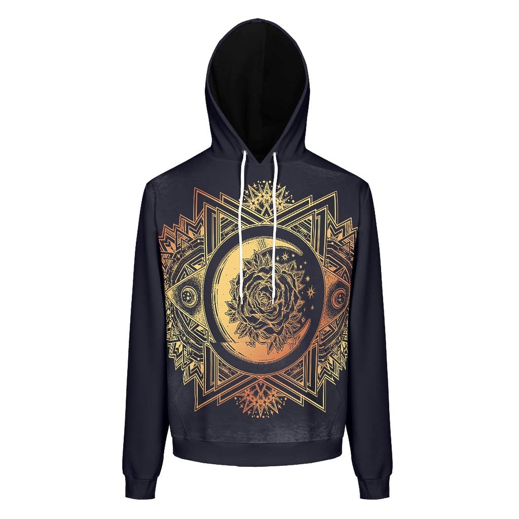 XJJ88 Men's Sweatshirts Student Gold Moon Rose Printed Solid - Flower with Pocket Sports Jacket