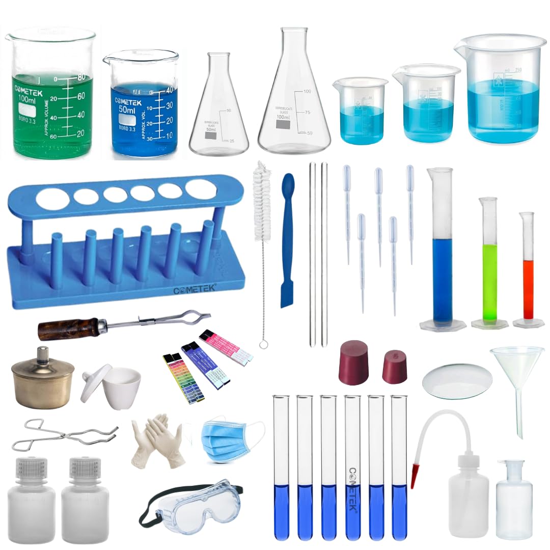 COMETEK Chemistry Lab 44 Items Kit – Borosilicate Glass & Plastic Beakers, Conical Flasks, Measuring Cylinders, Test Tubes & More – Equipment-only | No Chemicals Included | Suitable for Practicals-image-13