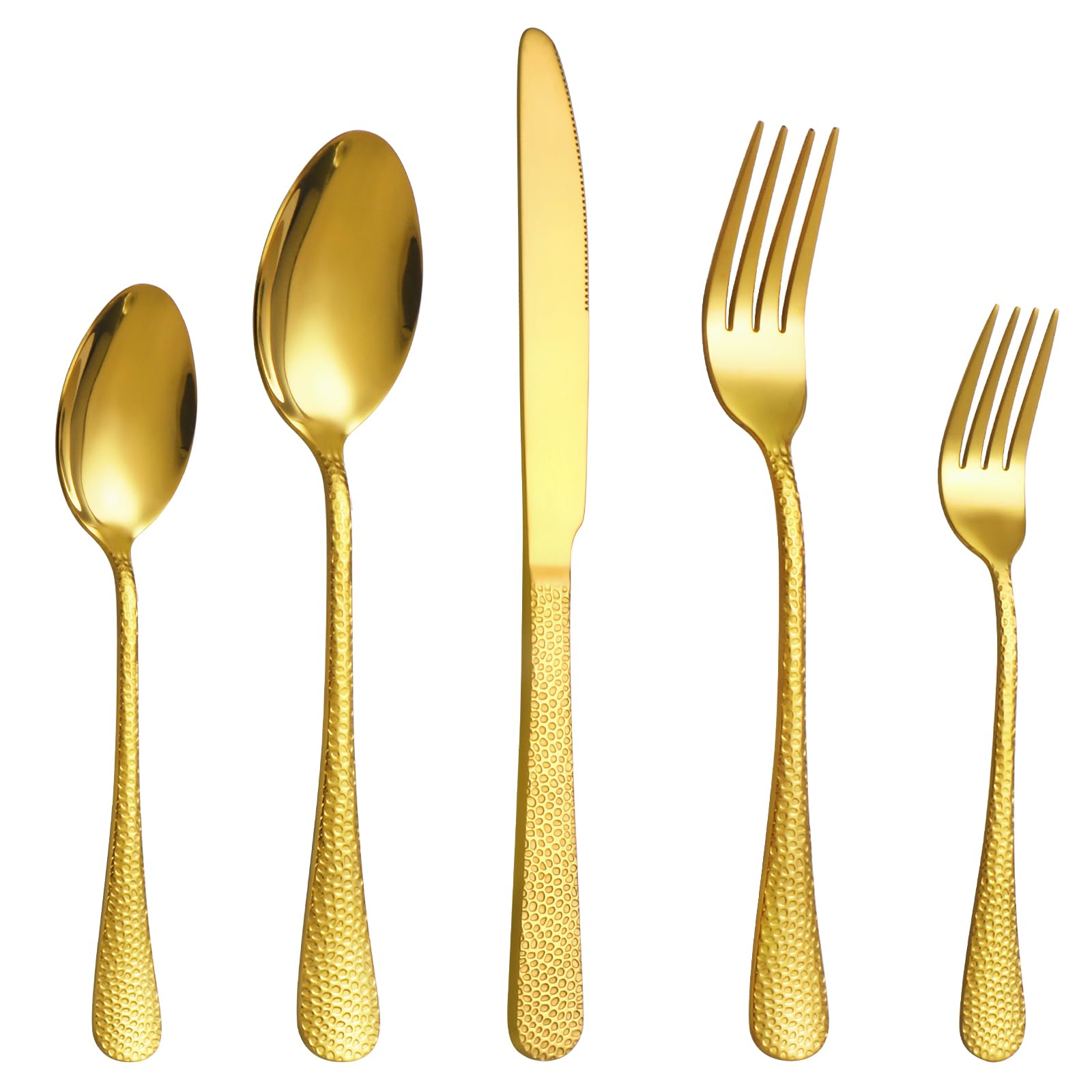 20 Pcs Gold Silverware Set for 4, Food Grade Stainless Steel Flatware Set, Eating Utensils Sets Include Fork/Knife/Spoon, Reusable Cutlery Set for Home Kitchen, Dishwasher Safe, Round Hammered — Amazon image 9