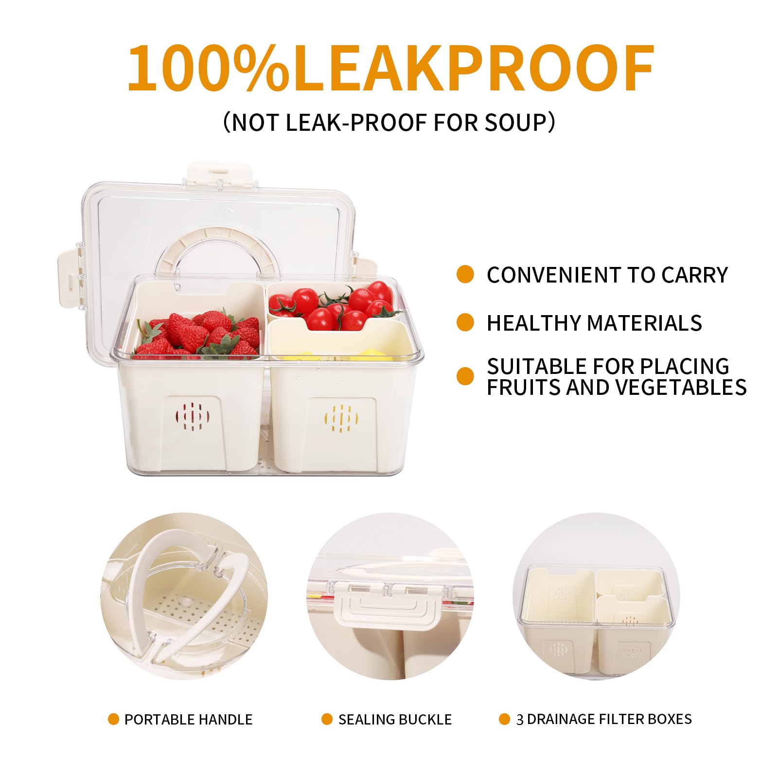 Contenitori ermetici per alimenti con coperchi e manico, contenitori per frigorifero con 3 scolapasta rimovibili, organizer da cucina e stoccaggio, essenziali per appartamenti, contenitore per frutta