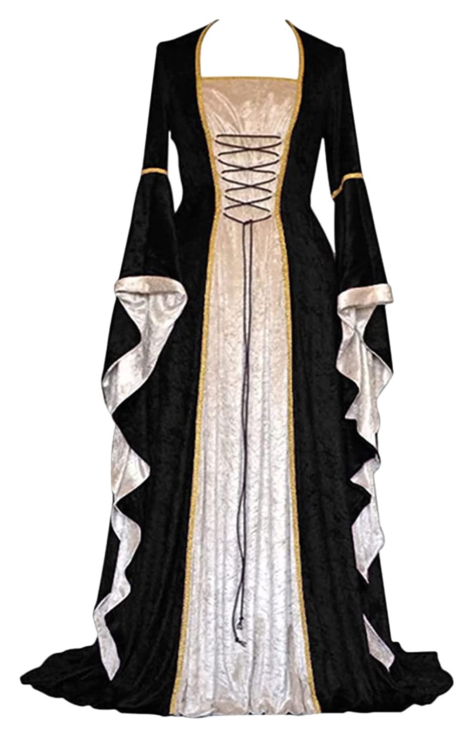 Feynman Women's Retro Medieval Dress with Trumpet Sleeves, Medieval Victorian Queen Dresses, Renaissance Gothic Maxi Dress