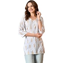 LIBOZA Short Kurti for Women for Jeans, Rayon Cotton Kurtis for Ladies, Gold Printed U Neck Women's Tunic Design Kurta, Top Floral Kurtas for Woman