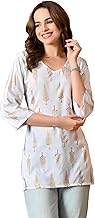 Short Kurti for Women for Jeans, Rayon Cotton Kurtis for Ladies, Gold Printed U Neck Women's Tunic Design Kurta, Top Floral Kurtas for Woman