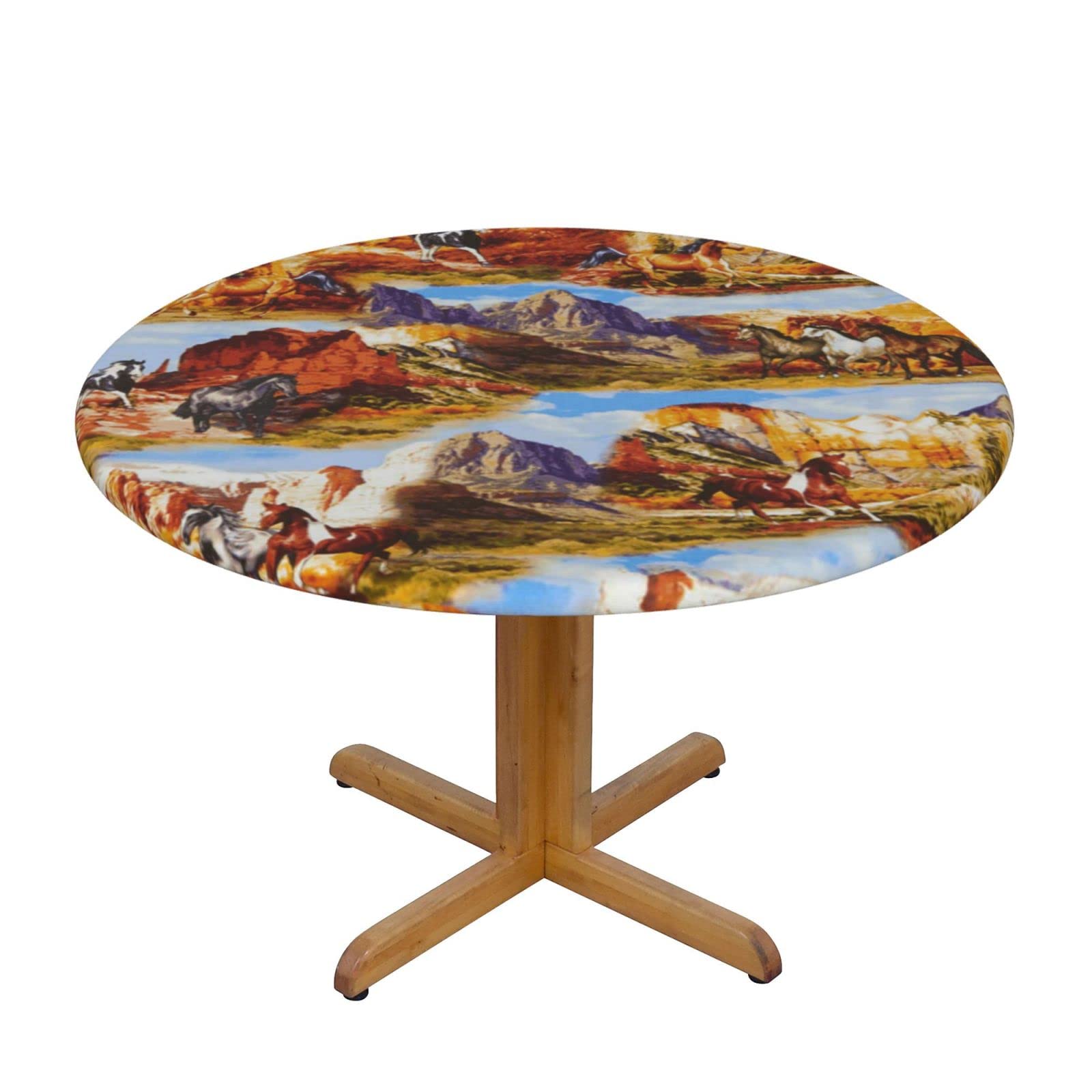 Lsjuee Round Fitted Tablecloth 45-50in Elastic Edged Table Cloth for Kitchen Dining Party Home Decor - Western Horse Collage