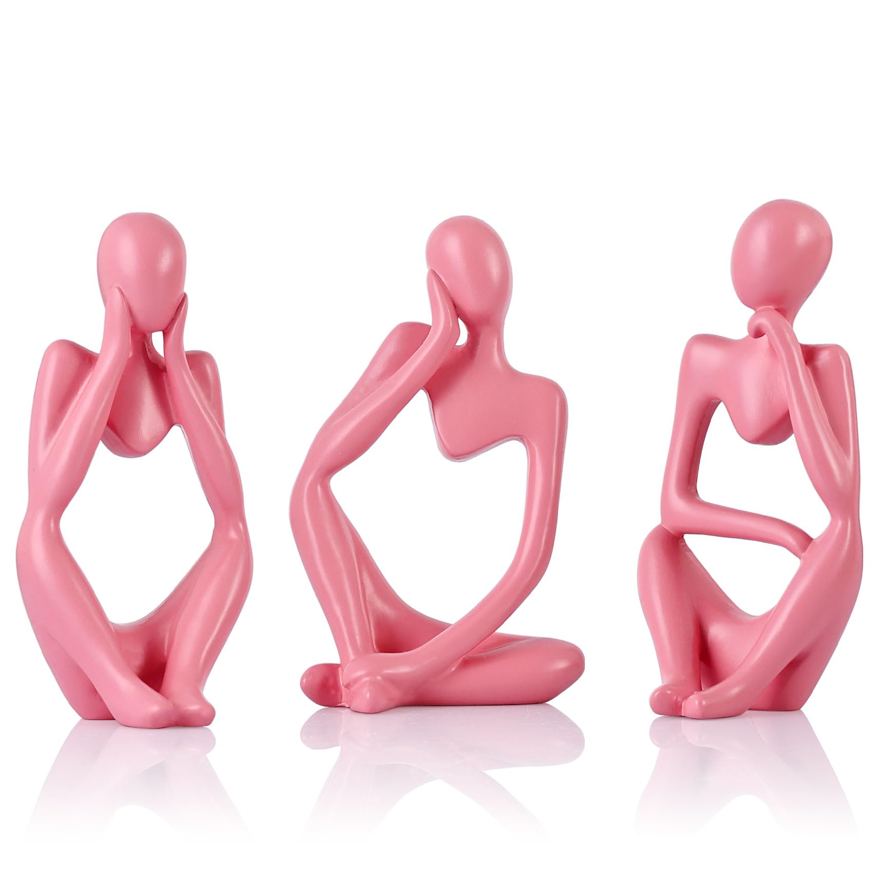 QIANLING Pink Thinker Statue Decor for TV Stand, Shelf, Desk, or Coffee Table - Set of 3 Resin Figurines for Living Room Decorative Objects, Modern Sculpture, Minimalist Bookcase Decor, Home Accents
