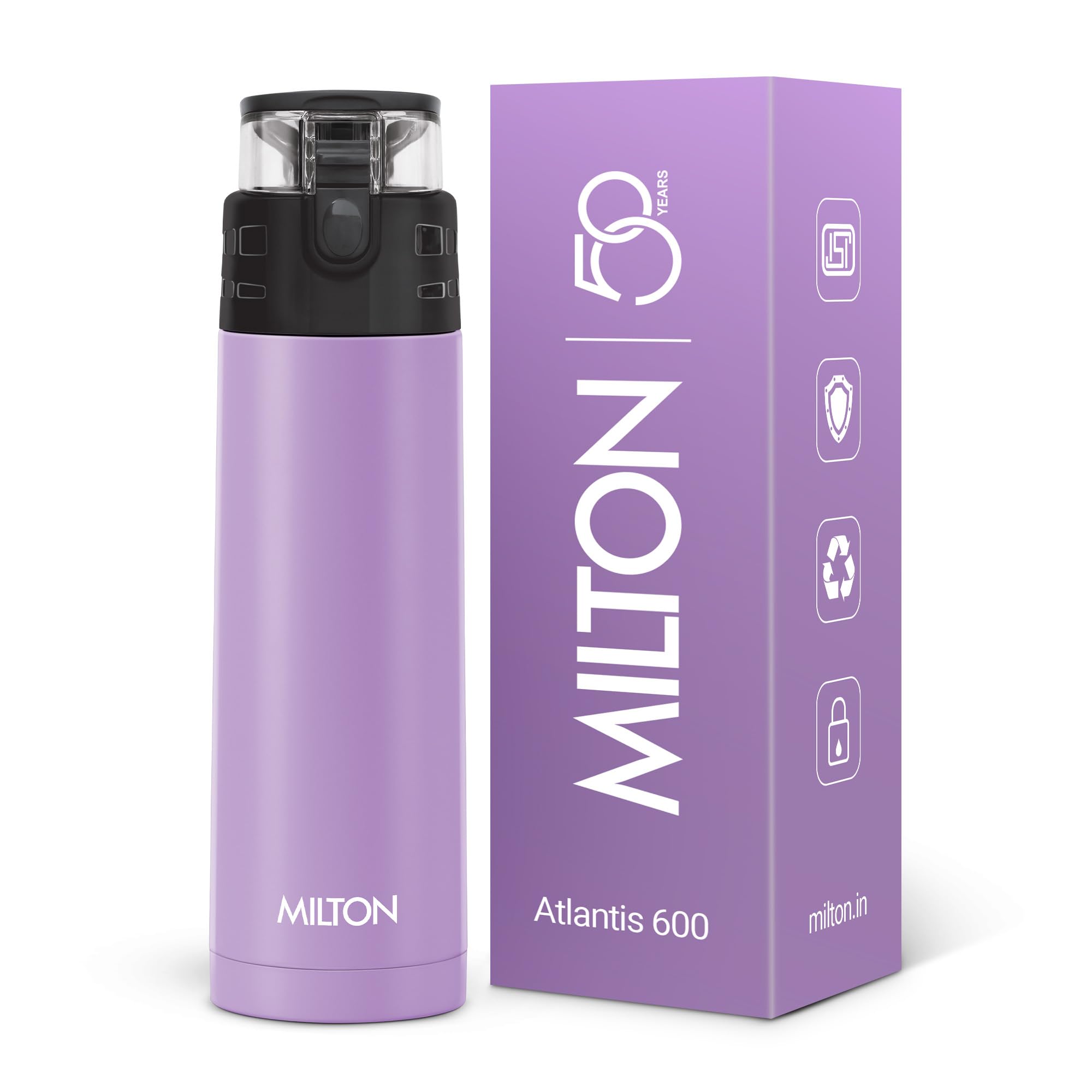 Milton Atlantis 600 Thermosteel Water Bottle 500 ml, 24 Hr Hot and Cold I Leak Proof Lid, ISI Certified I Vacuum Insulated I for Office, Gym, School I Purple