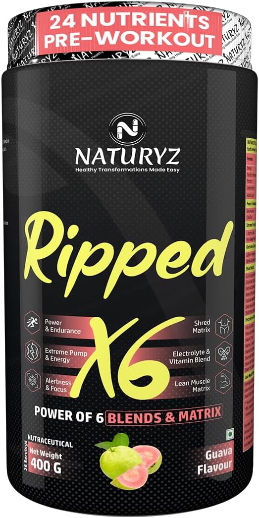 Ripped X6 Pre Workout With Highest 24 Nutrients For Extreme Pump,Power,Endurance,Energy,Focus, For Fitness Enthusiasts,Athletes & Bodybuilders- 400 grams (Guava Flavour) - Powder, 1 count