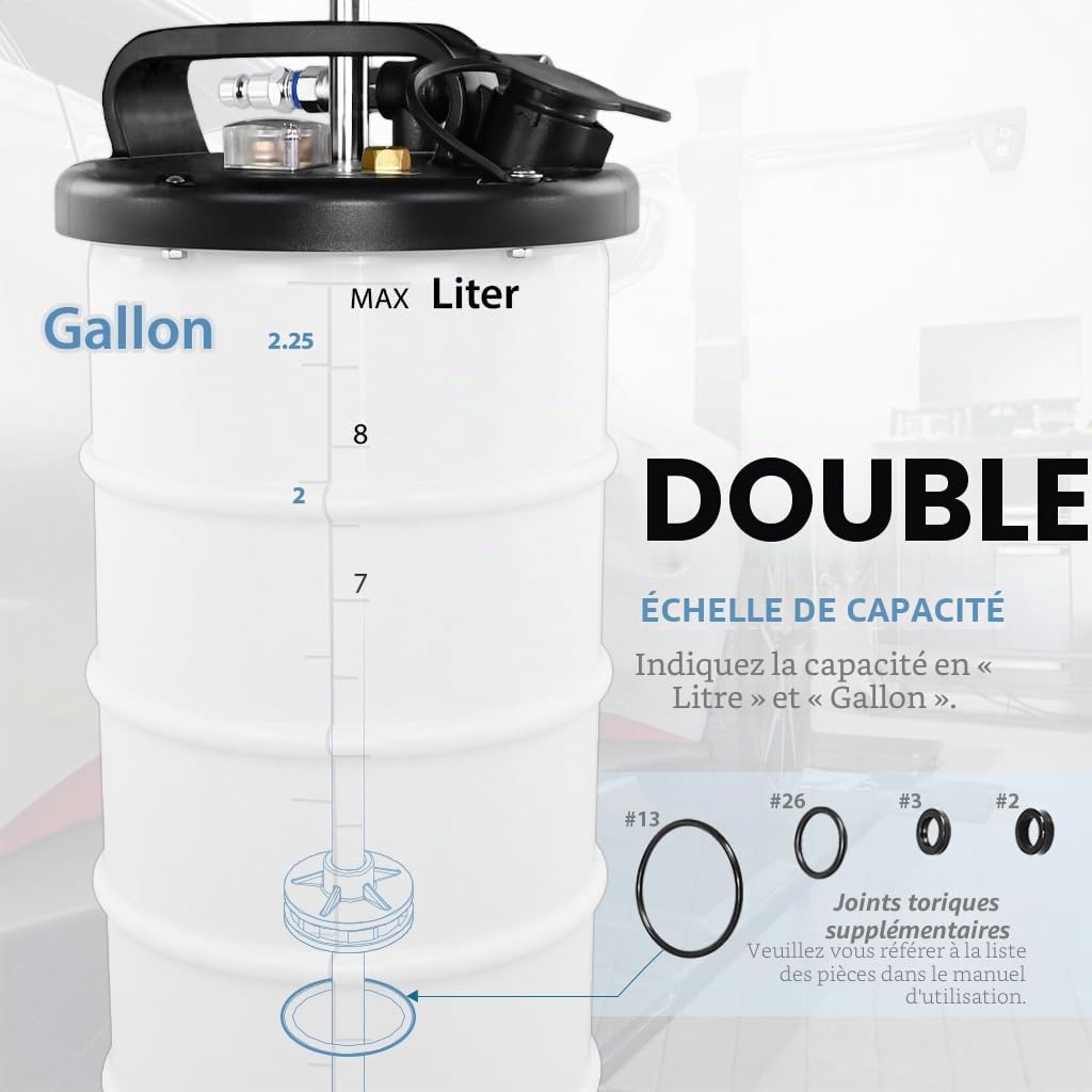 FIRSTINFO Extracteur d’Huile Pneumatique et Manuel 9L, 3e Génération Brevetée, Fabriqué à Taïwan, Pompe de Vidange par Aspiration avec Manomètre, 5 Tuyaux Dont Sonde Ultra-Fine 130 cm, A1108EUY5