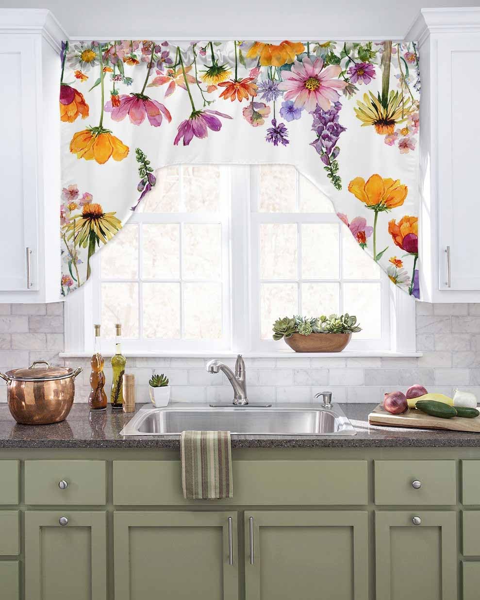 Pink Spring Floral Swag Curtains Valance and Tier Set, Rod Pocket Curtain Drapes for Bedroom Bathroom Kitchen Curtains 3 Piece Set Elegant Pastoral Flowers Daisy Swag Valances and 36 inches Tiers