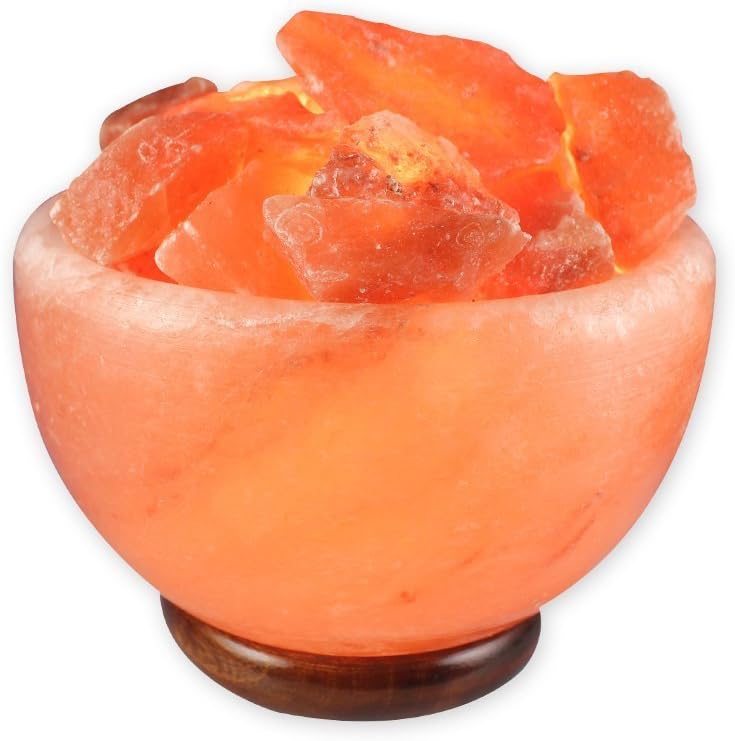 Large Fire Bowl Natural Himalayan Crystal Salt Fire Bowl Lamp With Wood Base and Switch-Cord and 15 W Bulb