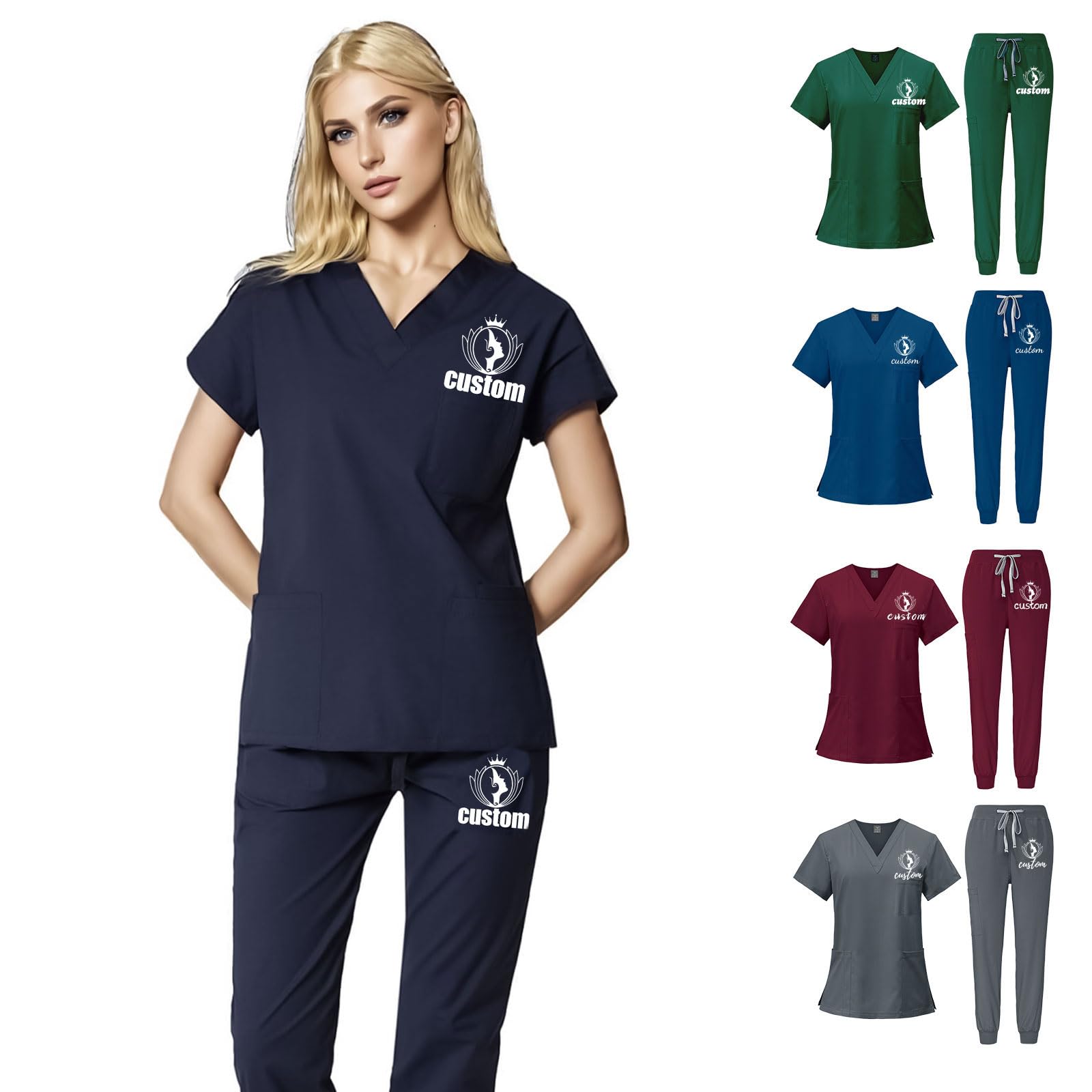 Personalized Scrubs Set for Women - Customized Photo Logo Name Top & Pants Multi Pocket Customized Scrub Sets for Nurse,Surgical,Hospital,Medical