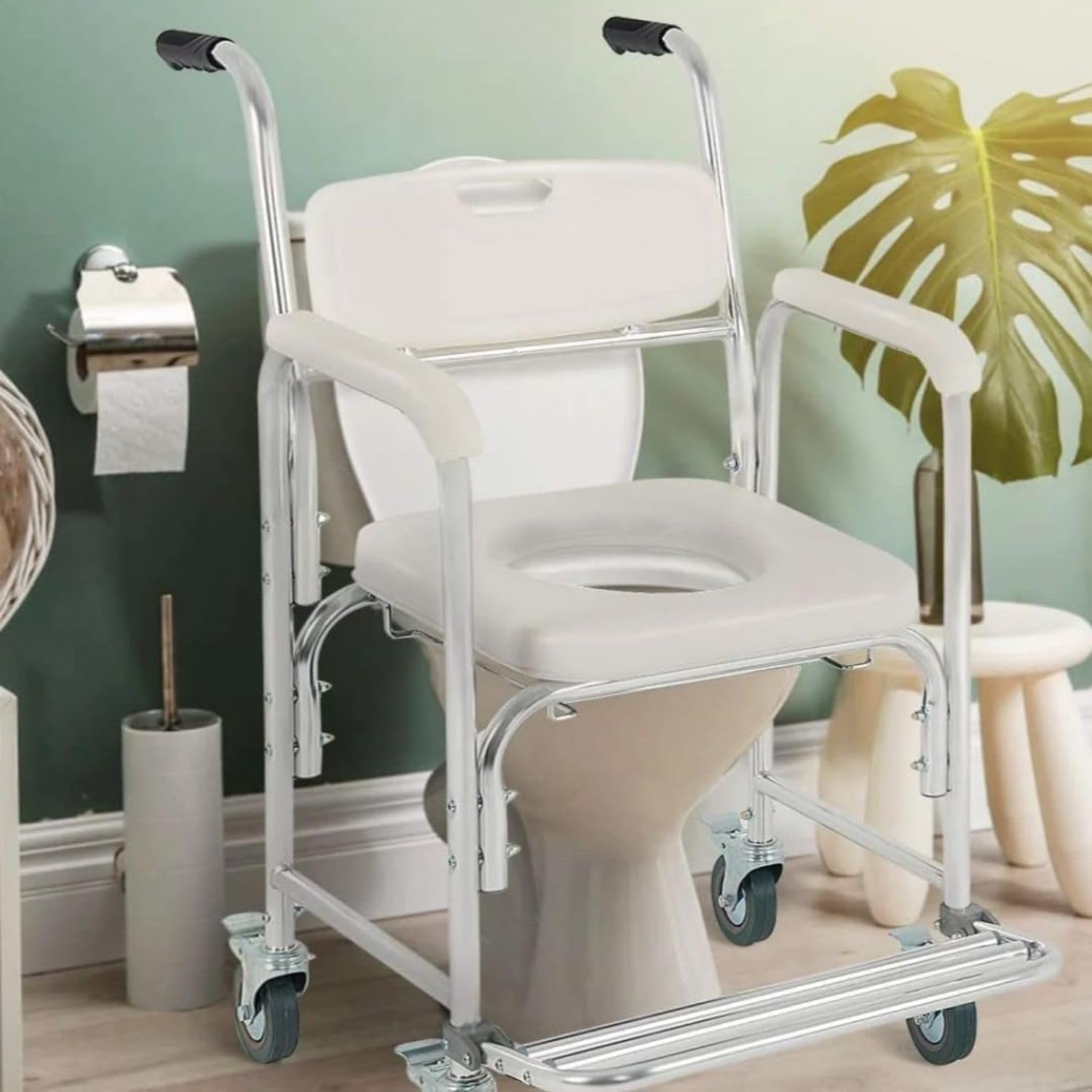 OrtoPrime Sedia da Doccia con Ruote e Piedini Pieghevoli - 3 in 1 - Sedia con WC Integrato e Bidet - Portatile per Anziani - Geriatrica