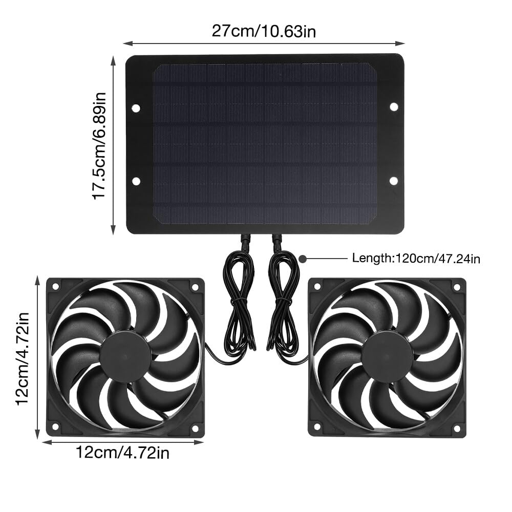 Lot de 2 ventilateurs solaires 12V 10W étanche IP65 pour serre, hangar, niche, poulailler, abri de jardin