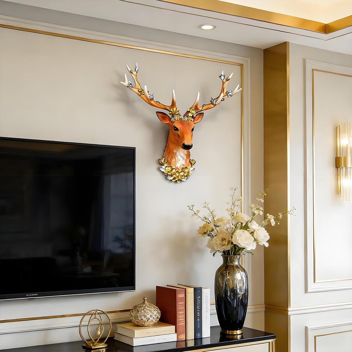 Decorazione Parete Testa di Cervo, Scultura 3D in Resina con Fiori
