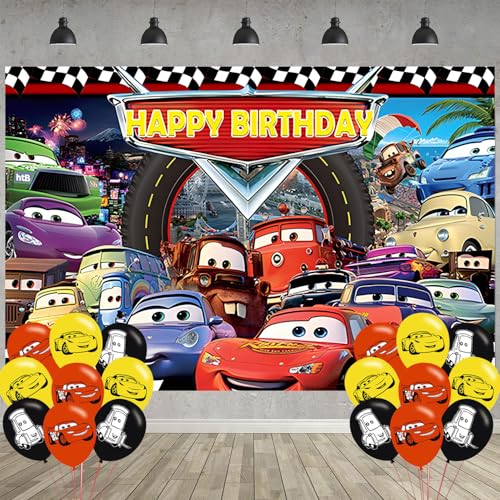 Cartoon Race Car Birthday Party Decoration Lightning Party Photo Background 5 x 3 FT and 18 Pcs Balloon Merch Party Backdrop Supplies