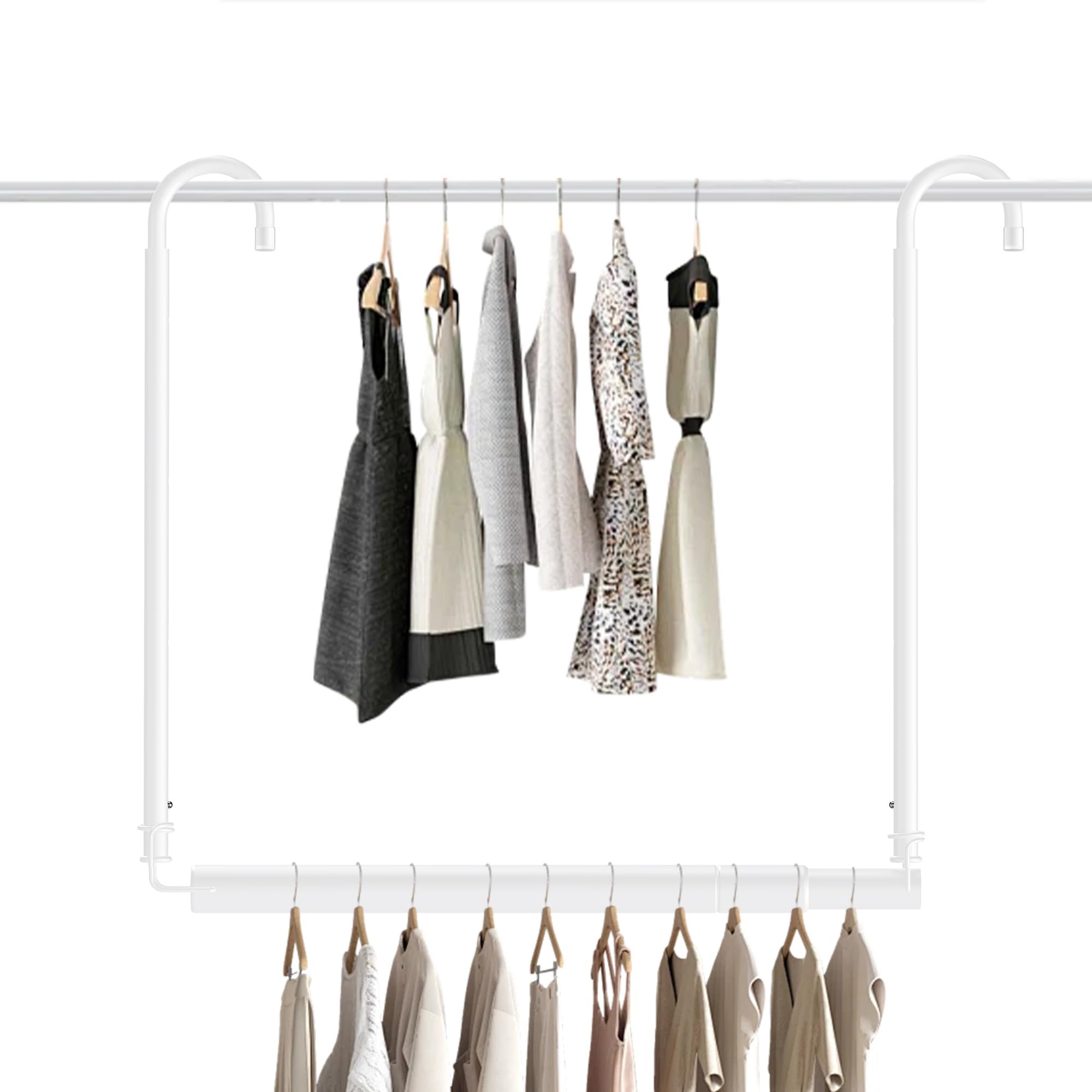 Tiemlet Extendable Wardrobe Rail - Adjustable Height Hanging Rail for Clothes, Telescopic Clothes Pole (40-72cm x 46.5-78cm), No Drill Closet Organiser (White)