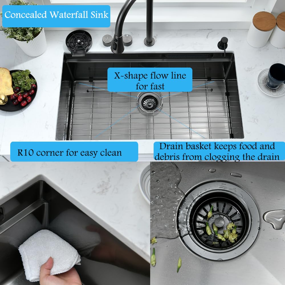 33 Inch Black Waterfall Kitchen Sink Undermount Workstation-Bokaiya 33x19 Undermount Black Stainless Steel Kitchen Sink with Waterfall 16 Guage Multifunction Single Bowl Sinks with Cutting Board