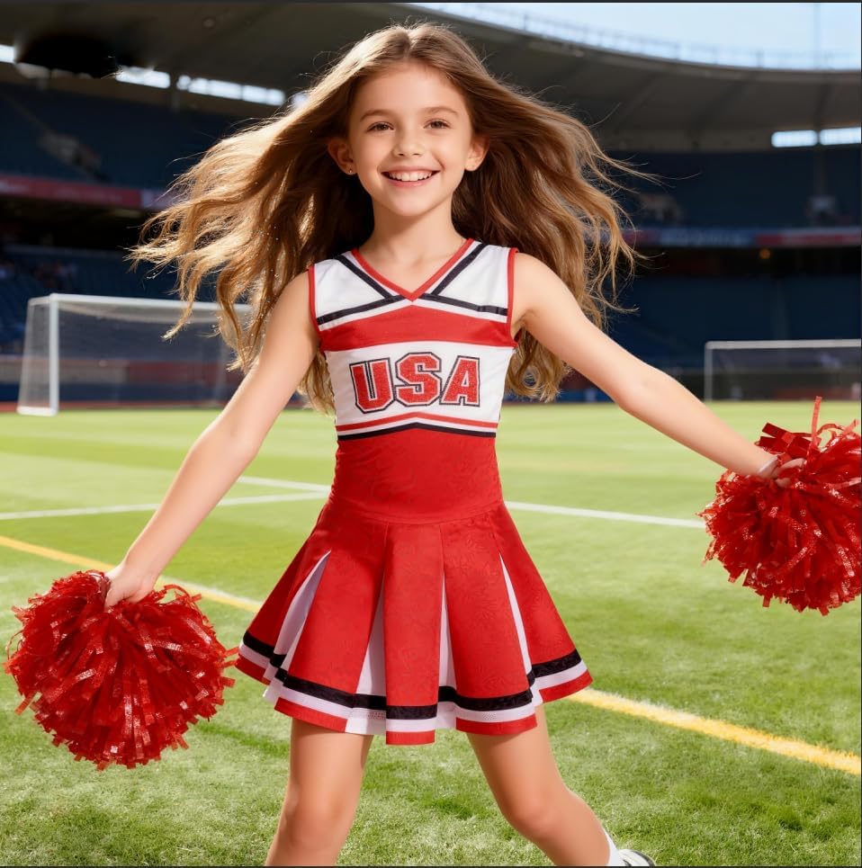 Cheerleader Costume for Girls With Pom Poms - Halloween Sports Outfit and Gifts - Image 3