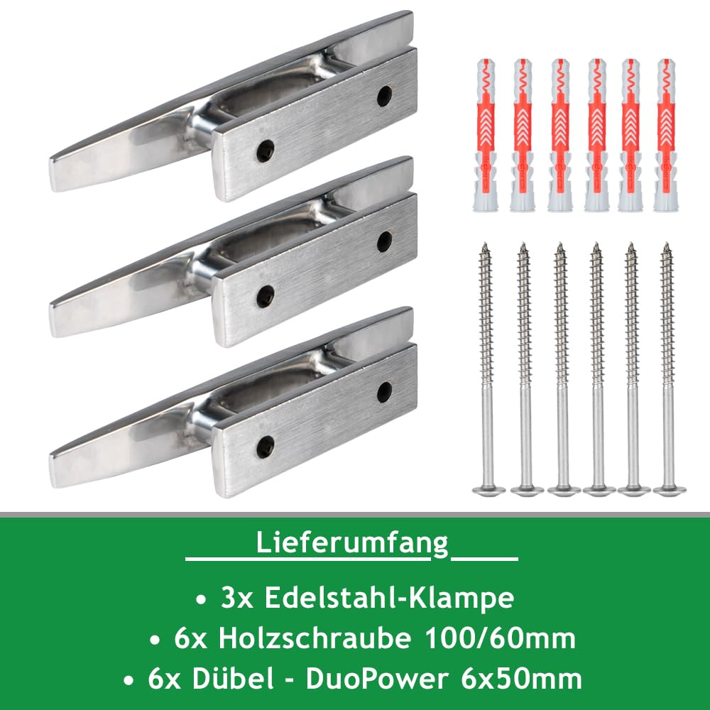 Klampe 150mm aus Edelstahl rostfrei V4A inkl. Befestigung | Belegklampe für Sonnensegel und Boote Zubehör | salzwasserbeständig & hochglanzpoliert