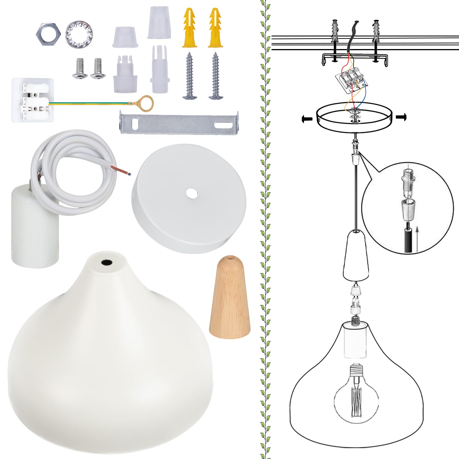 iDEGU 20CM Lustre Suspension Rétro Suspension Luminaire Moderne Style Goutte Chapeau Plafonnier E27 Métal Bois Lampe Suspension pour Chambre Salle à Manger Cuisine Salon (Blanc 1 Pack)