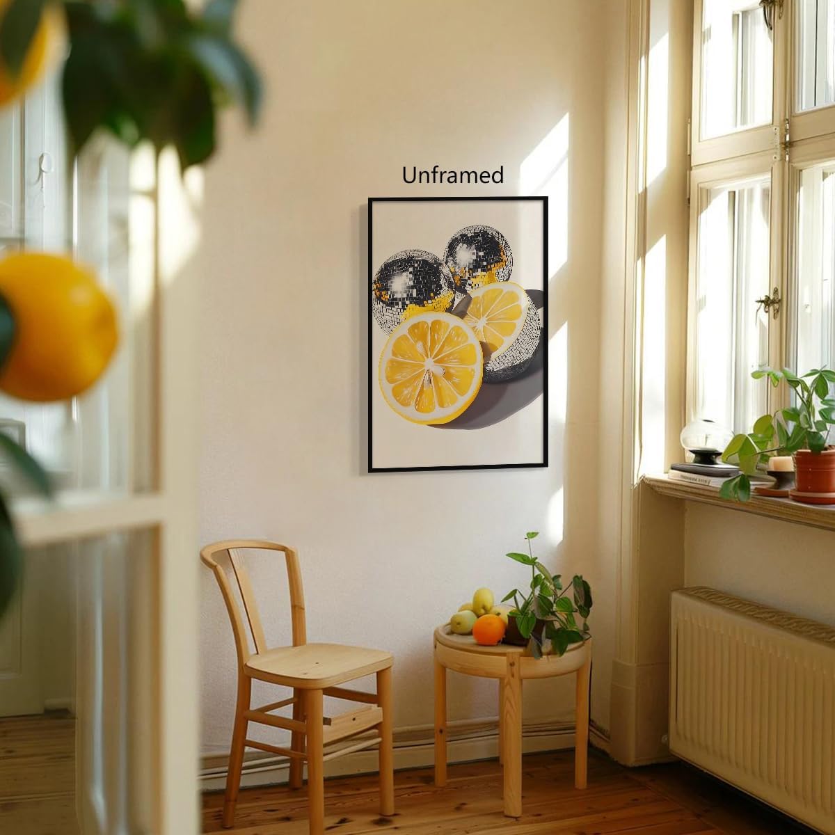 Disco Ball Fruit Canvas Wall Art, Lemon Picture Yellow Aesthetic Poster, Eclectic Maximalist Modern Artwork, Surrealism Trendy Fruit Painting for Kitchen Home Bars Wall Decor 16x24in Framed