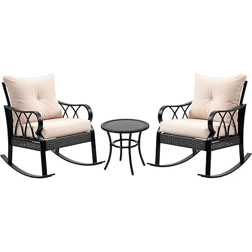 Outsunny 3 Pieces Rocking Wicker Outdoor Bistro Set, Rattan Patio Furniture Set with Glass Coffee Table and Porch Chairs, Thickened Cushions for Backyard, Balcony, Garden, Khaki