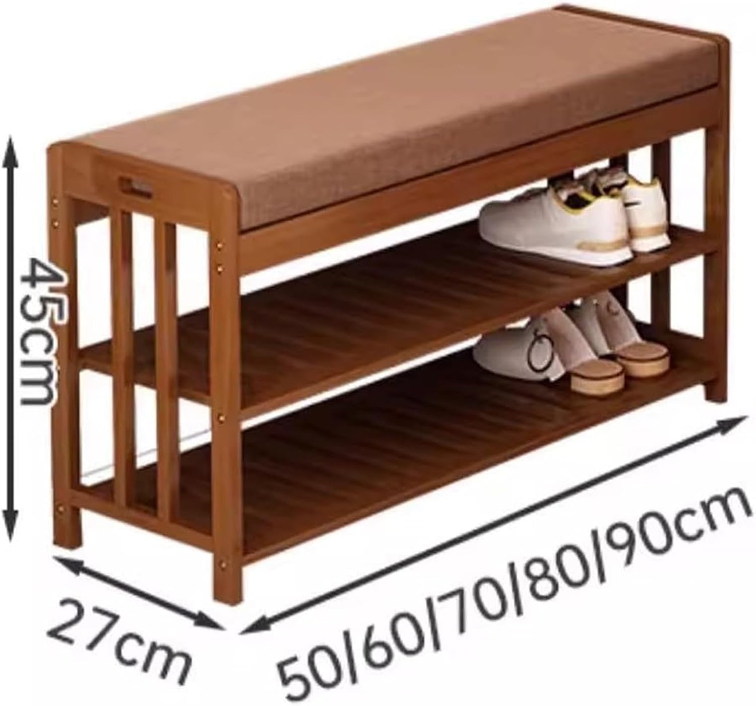 Entryway Storage Bench with Cushioned Seat Shoe Rack 3-Tier Storage Organiser with Bamboo Frame Small Foot Stool Pouffe Stool Change Shoe Ottoman Footrest for Living Room Hallway Bedroom(50cm)