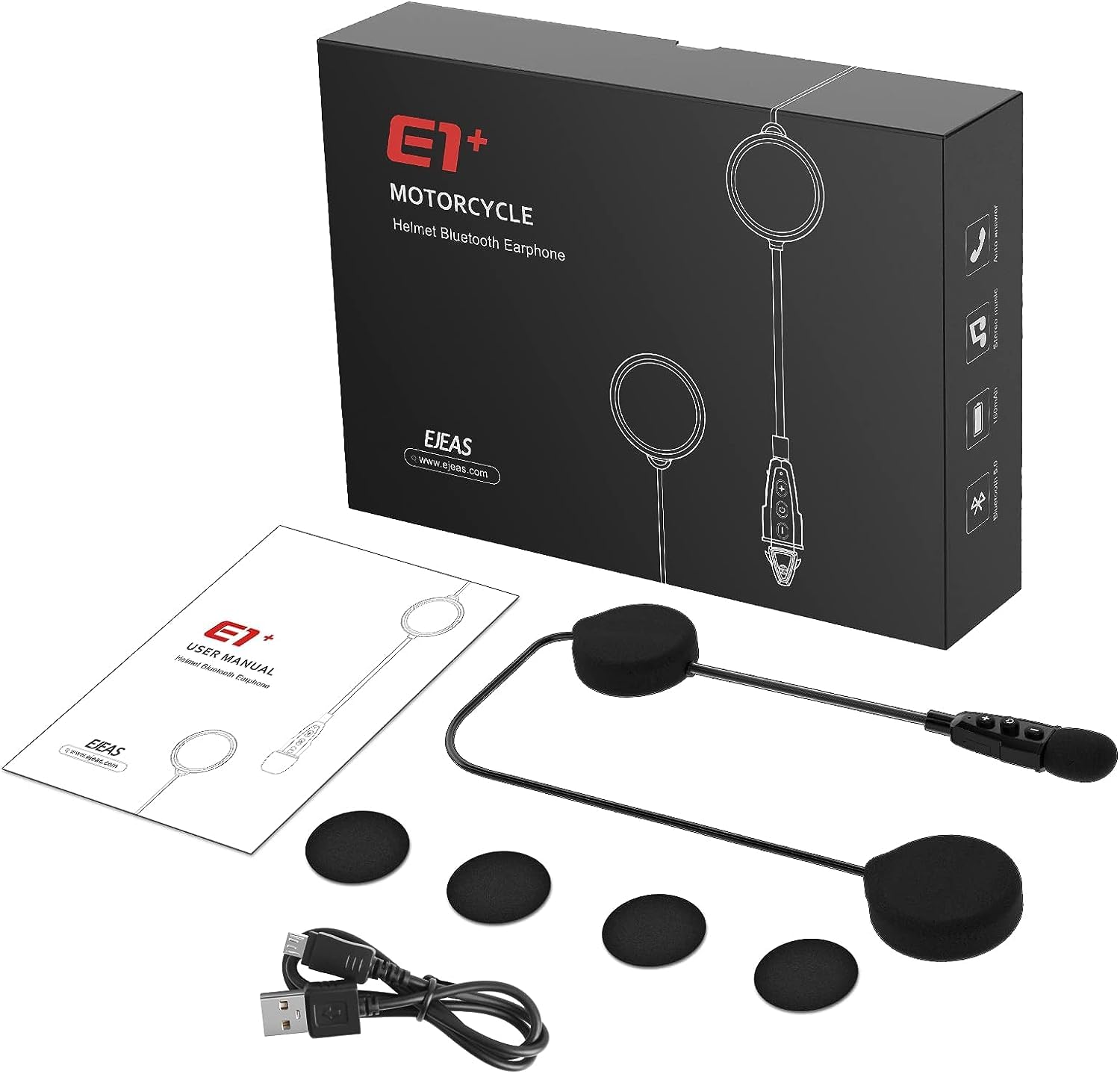 EJEAS E1+ Bluetooth Motorradhelm-Headset, Bluetooth 5.1 Wasserdichter Motorradhelm-Kopfhörer mit Geräuschreduzierung, für Skifahren, Klettern, Reiten, EUC-Manipulator-kompatibel