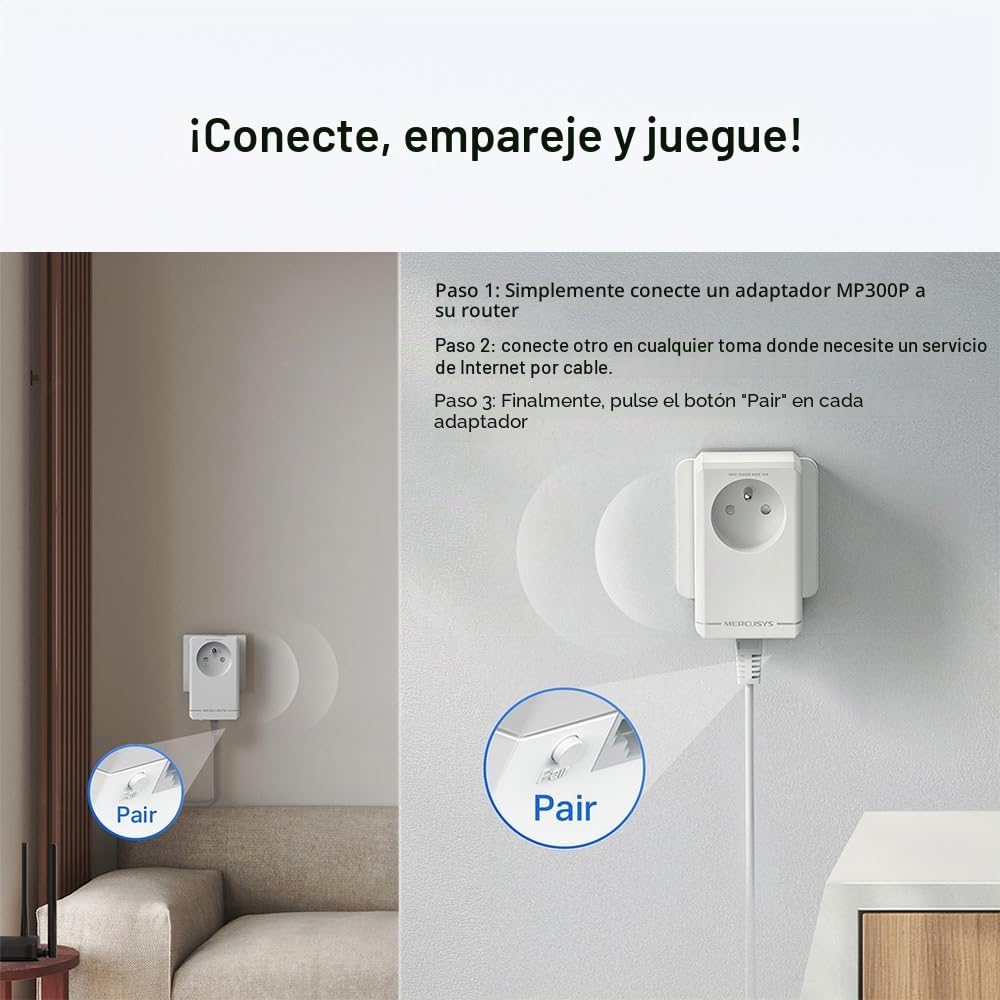 Mercusys MP300P Kit – Adaptadores Powerline AV600, Kit PLC 600 Mbps con Toma de Corriente integrada y Enchufe pasante, Cable Ethernet Incluido