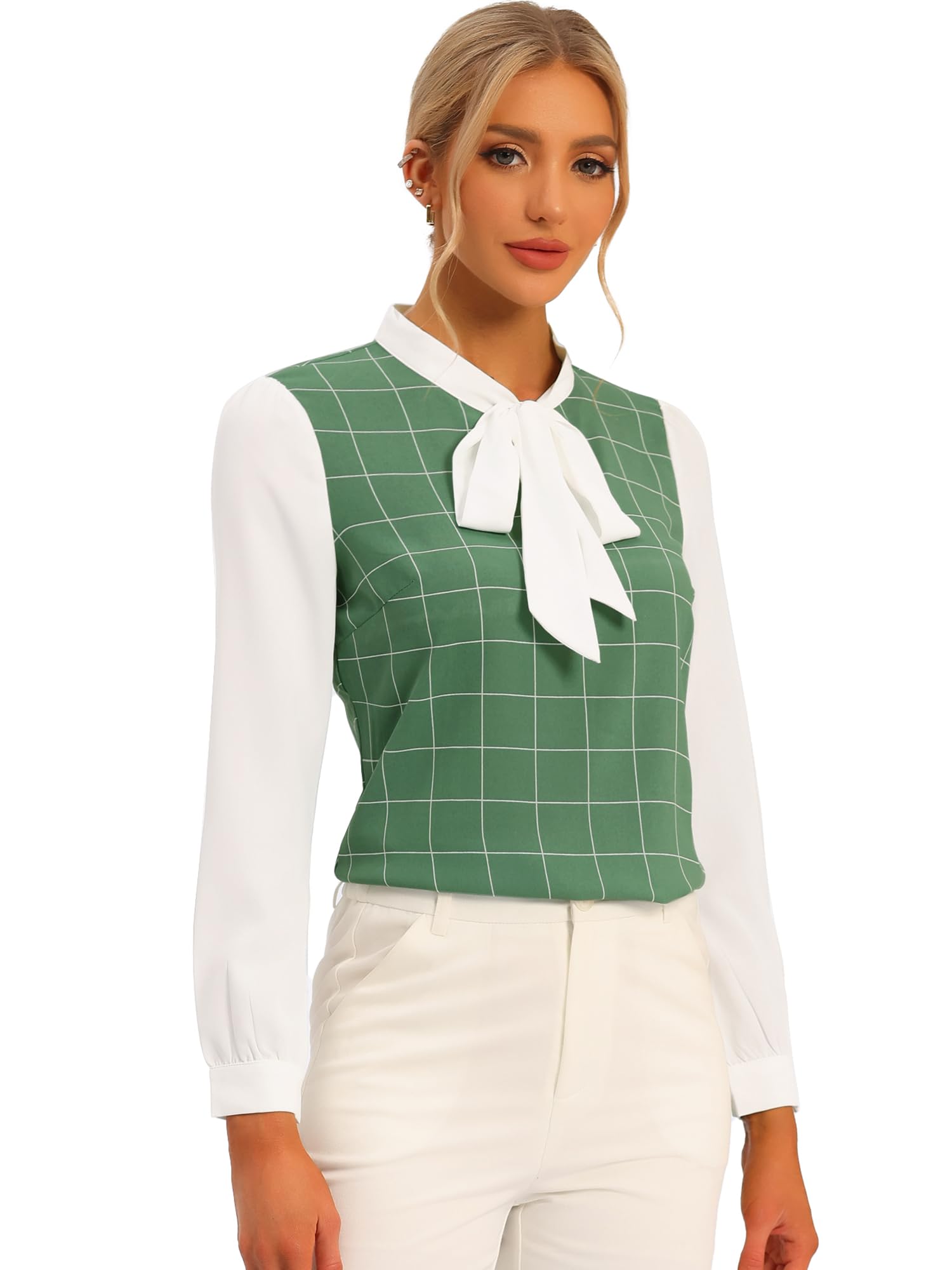 Allegra KBow Tie Neck Top for Women's Grid Checks Contrast Color Plaid Work Office Blouse