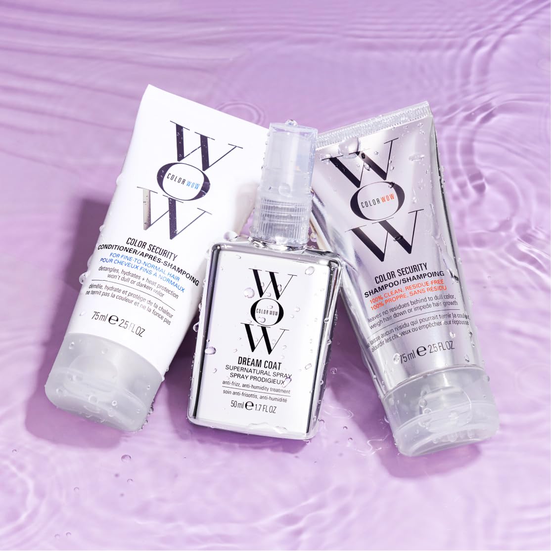 COLOR WOW - Routine Cheveux Secs & Colorés - Style Glass Hair - Shampoing Sans Sulfates (75 ml) + Après-Shampoing Hydratant (75 ml) + Spray Anti-Frisottis (50 ml) - Coffret Découverte Dream Smooth