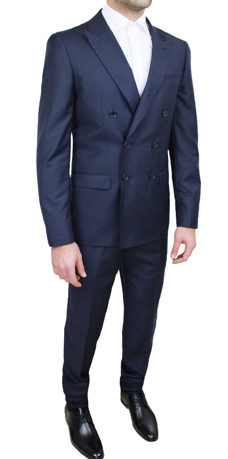 Abito Completo Alta Sartoria Uomo Doppio Petto Blu Scuro Navy Marine Elegante Cerimonia