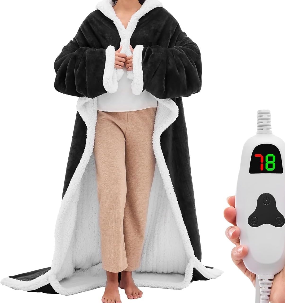 Shawl Hooded Heating Blanket, Wearable Blanket for Home, Outdoors, Office (50"X70" Black)(Black)