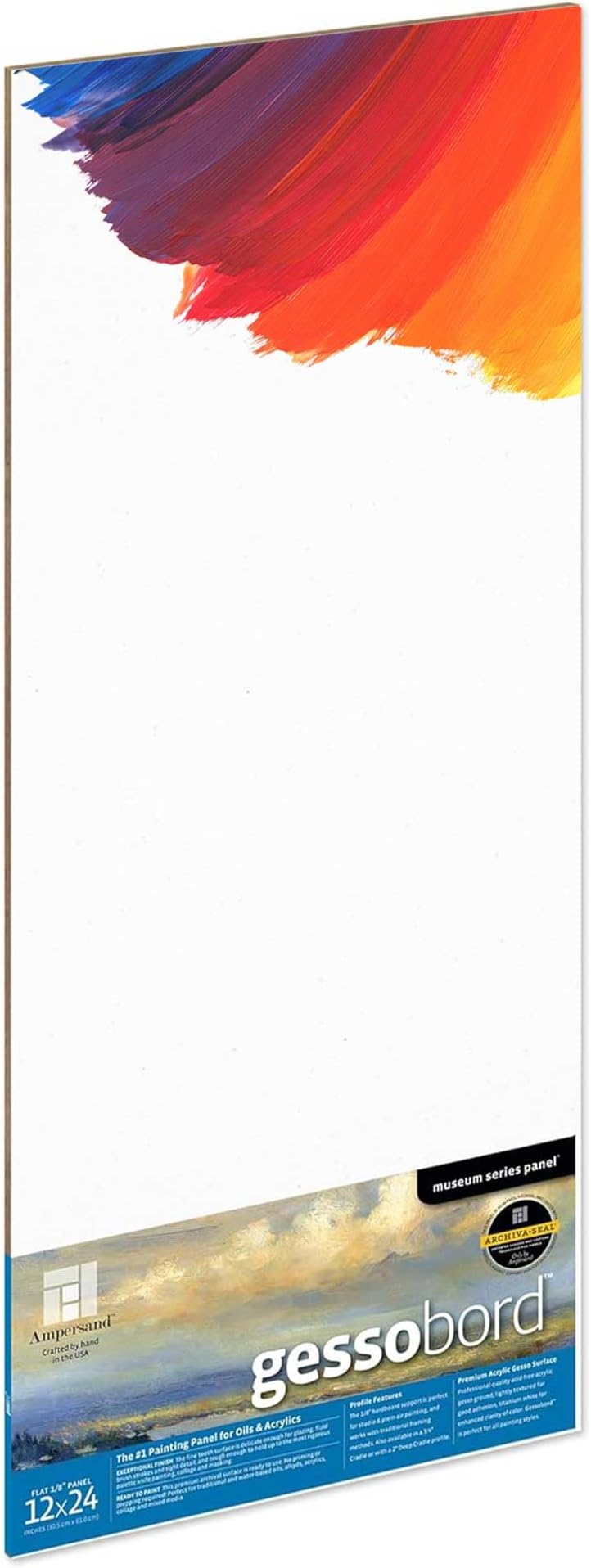 Ampersand Art Supply Museum Series Gessobord | 12x24 | 1/8" Flat Profile | Gesso Wood Painting Panel for Oil and Acrylic Paint & Mixed Media | Canvas Panel Alternative in Professional Art Supplies