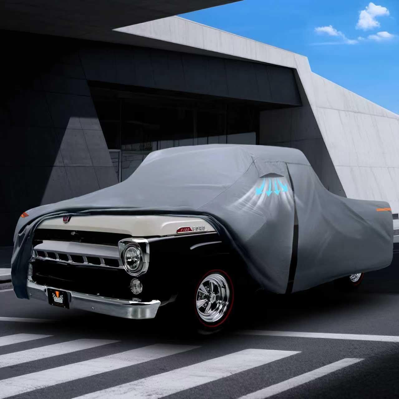 Ford F-100 Truck Cover Custom Fit 1953-1983 Regular/Extended/Crew Cab Short Bed(6.4'-8.5') with Door Zipper, 10 Layers Outdoor Pickup Truck Cover Waterproof All Weather, Wind Dust Sun Protector.